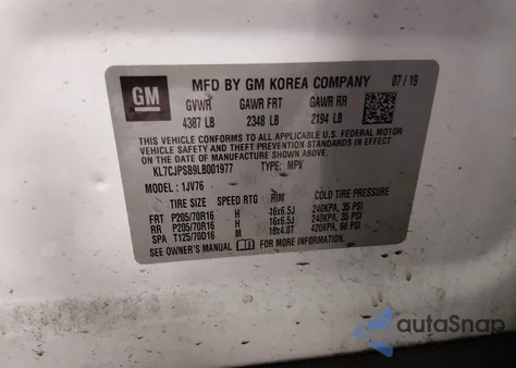 2020 Chevrolet Trax Awd Lt z USA, uszkodzony, nr VIN KL7CJPSB9LB001977